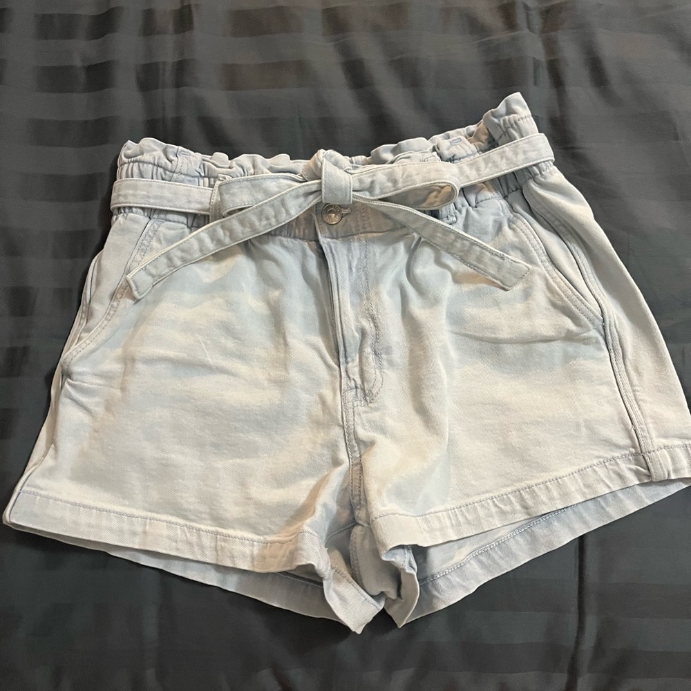 American Eagle Outfitters High-Waist Paperbag Tie-Belt Shorts - Light Blue
